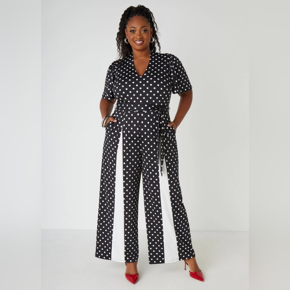 Ashley Stewart Black and White Polka Dot Jumpsuit with Belted Waist-18/20T